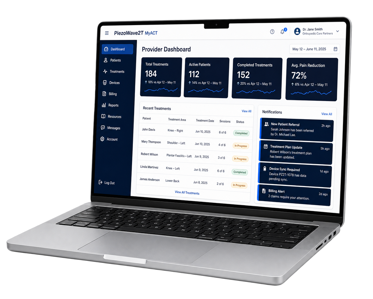 PiezoWave2T MyACT provider dashboard shown on a laptop